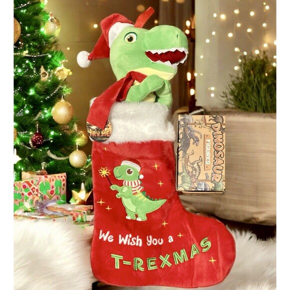 Children's Christmas Musical T-Rex Dinosaur Plush Stocking 20"+ Dino Figures - Picture 1 of 3